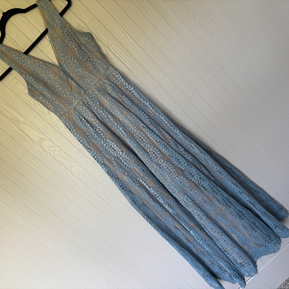 Lulu's Dusty Blue Sleeveless Lace Maxi Dress Eliana Lace V Neck Gown - Picture 3 of 15